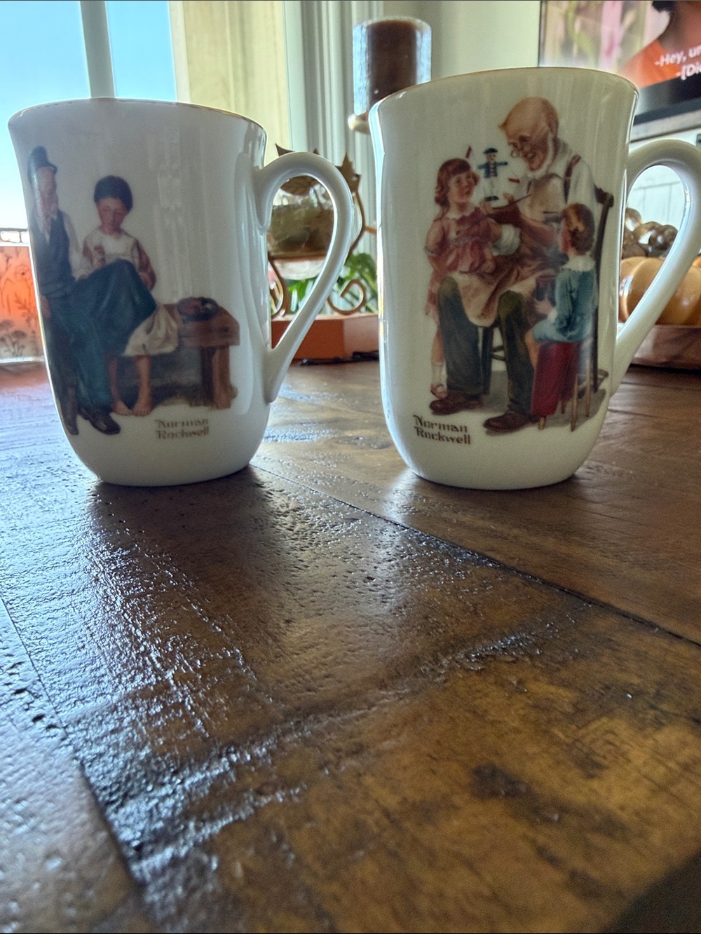 Norman Rockwell White Ceramic Mug Pair with Multicolor Illustrations